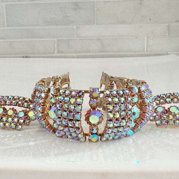 GLAMOROUS VINTAGE WIDE AB Rhinestone JEWELRY SET BRACELET EARRINGS CONTINENTAL - Picture 9 of 12